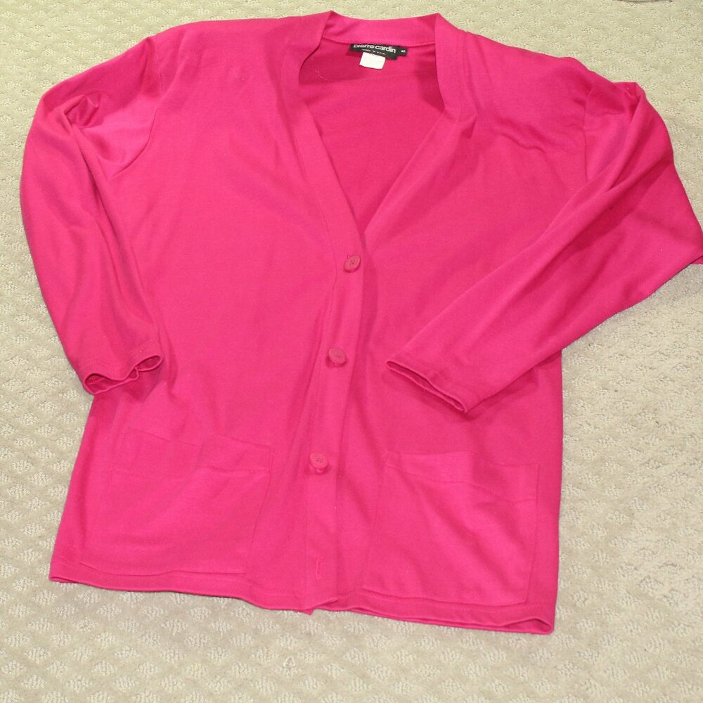 Vintage 80s Pierre Cardin Fuchsia Pink Cotton Knit Shoulder Pads Long Cardigan